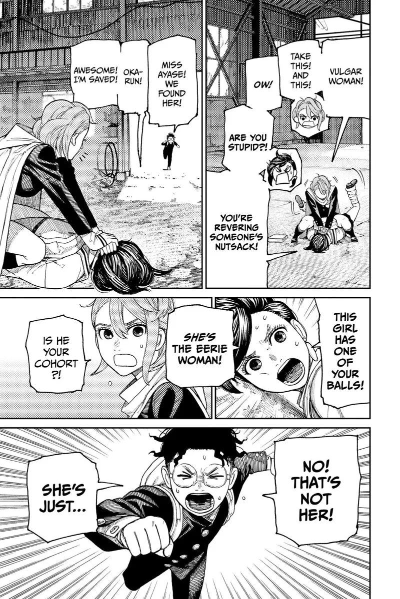 Okarun runs toward them, coming from outside. Aira still pins Momo. Momo says Aira has his balls. Okarun refers to someone else.