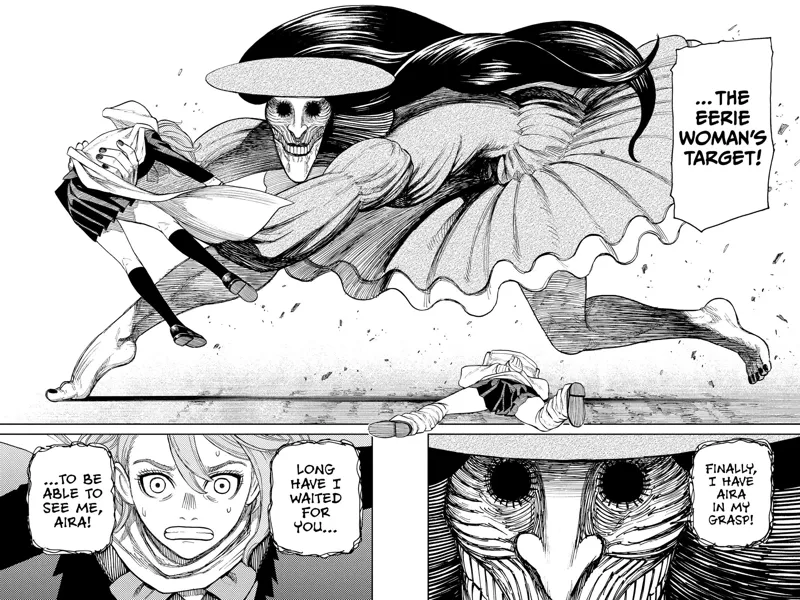 A huge, eerie, ugly, muscular woman suddenly snatches Aira while Momo is on the ground.