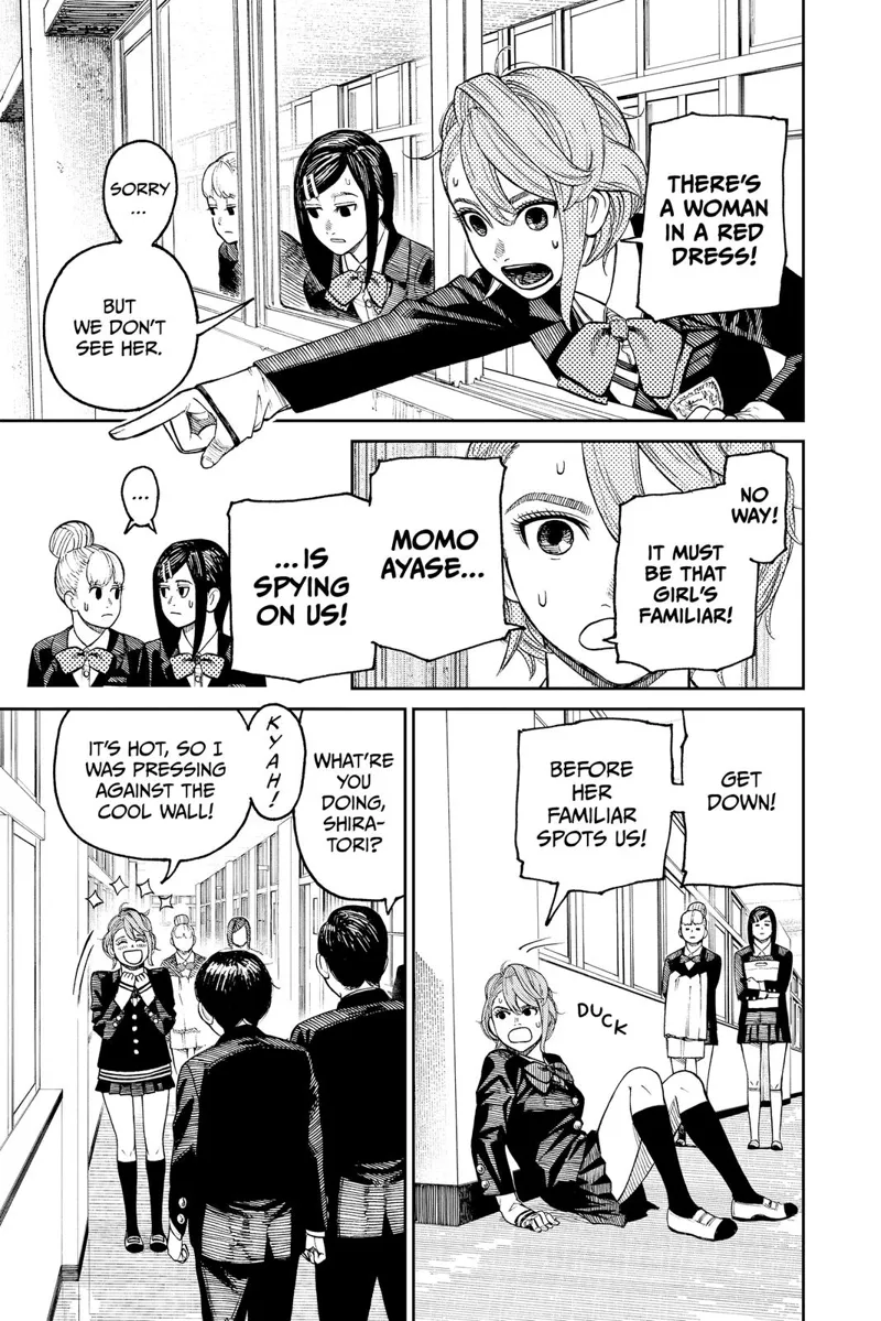 Aira points to a woman in a red dress outside, but her friends see nobody. She ducks but gets back up after two guys see her.