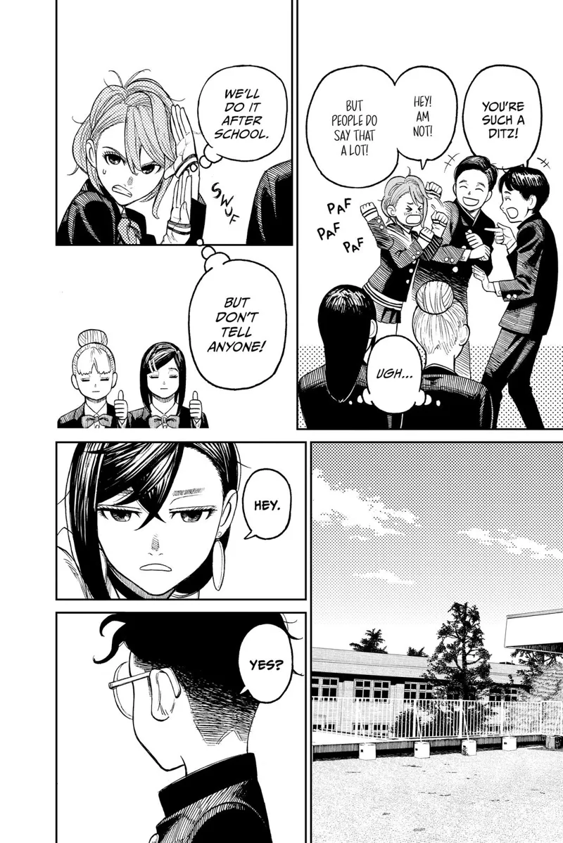 The two male students tease Aira. Aira signals to her two friends they will do it later. Outside, Momo calls Okarun.
