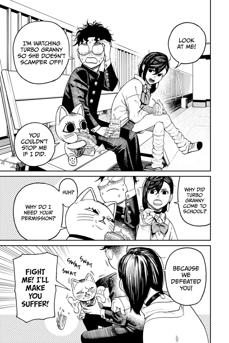 On the roof deck, Momo calls Okarun, who is sweating and not looking at her. Momo notices Turbo Granny and pisses her off.