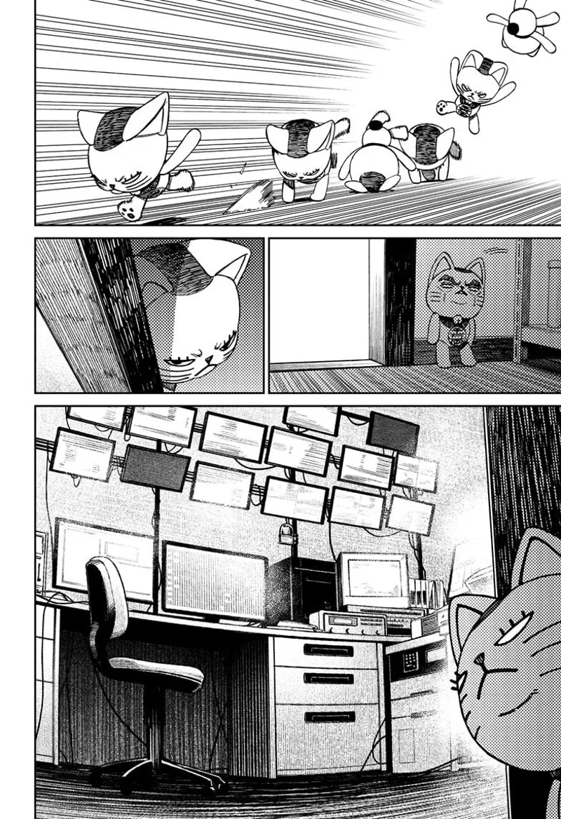 Turbo Granny lands, flips, and runs. She hides behind the door and looks at the computer.