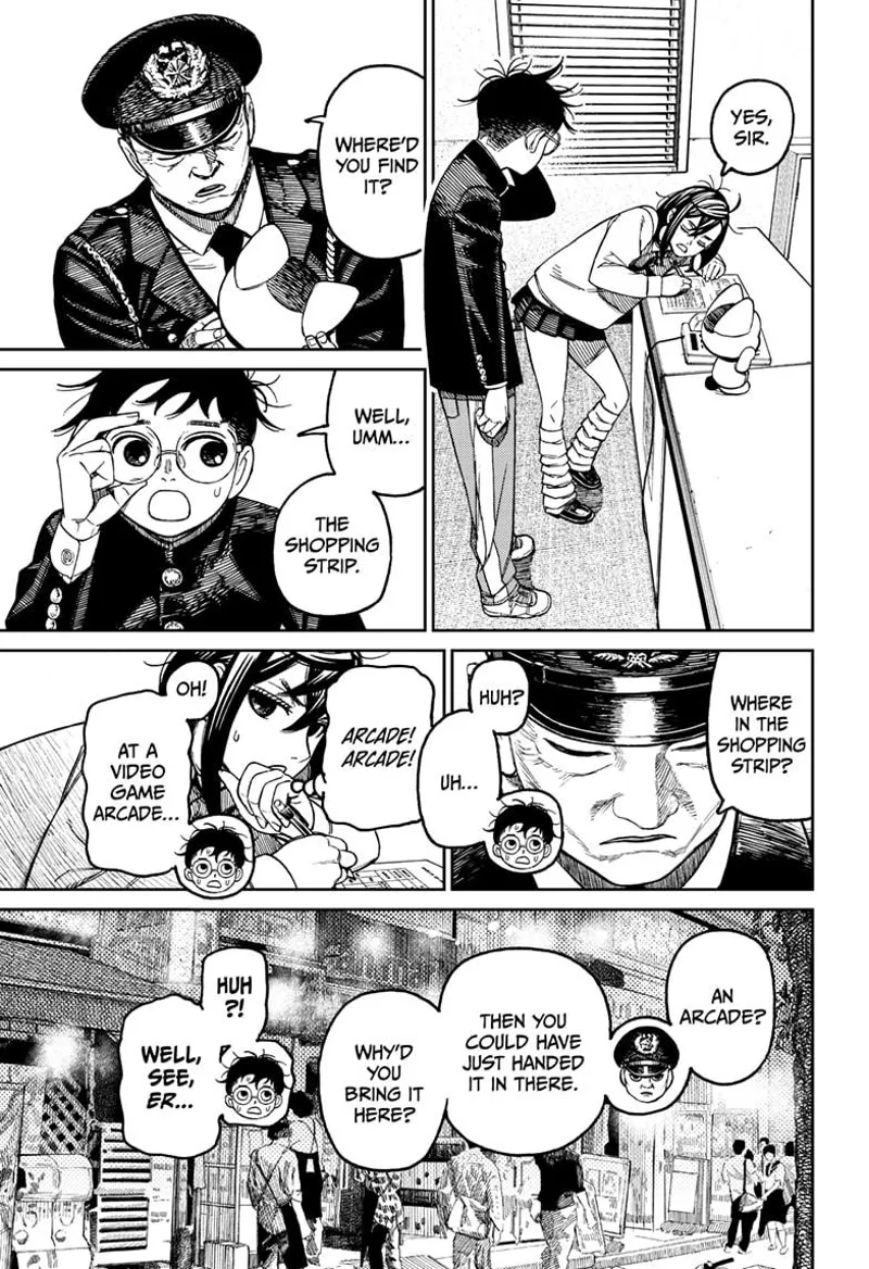 Momo fills out the form. The police interrogate them as to where they found the lost item.