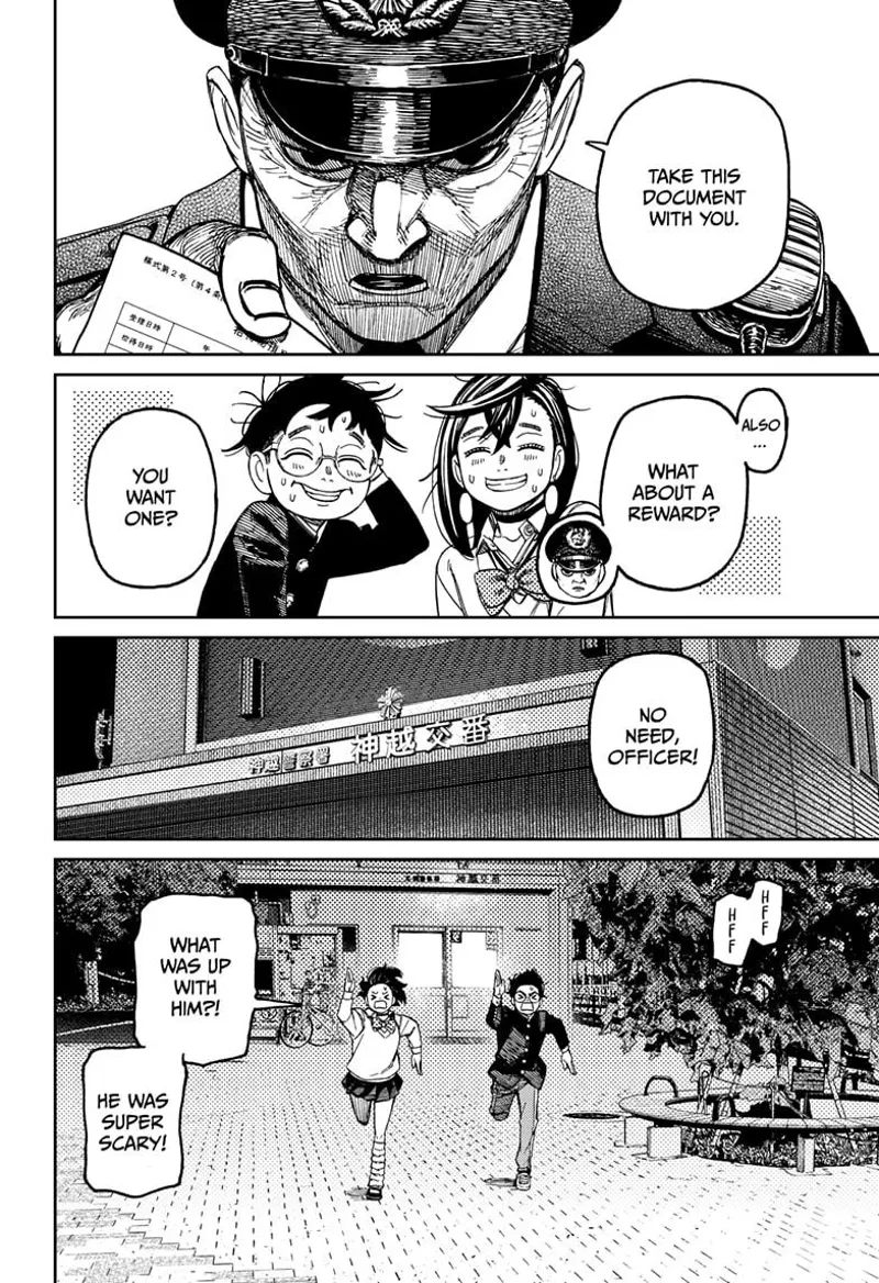 Momo and Okarun are sweating as the police call them back. They run away super fast outside.
