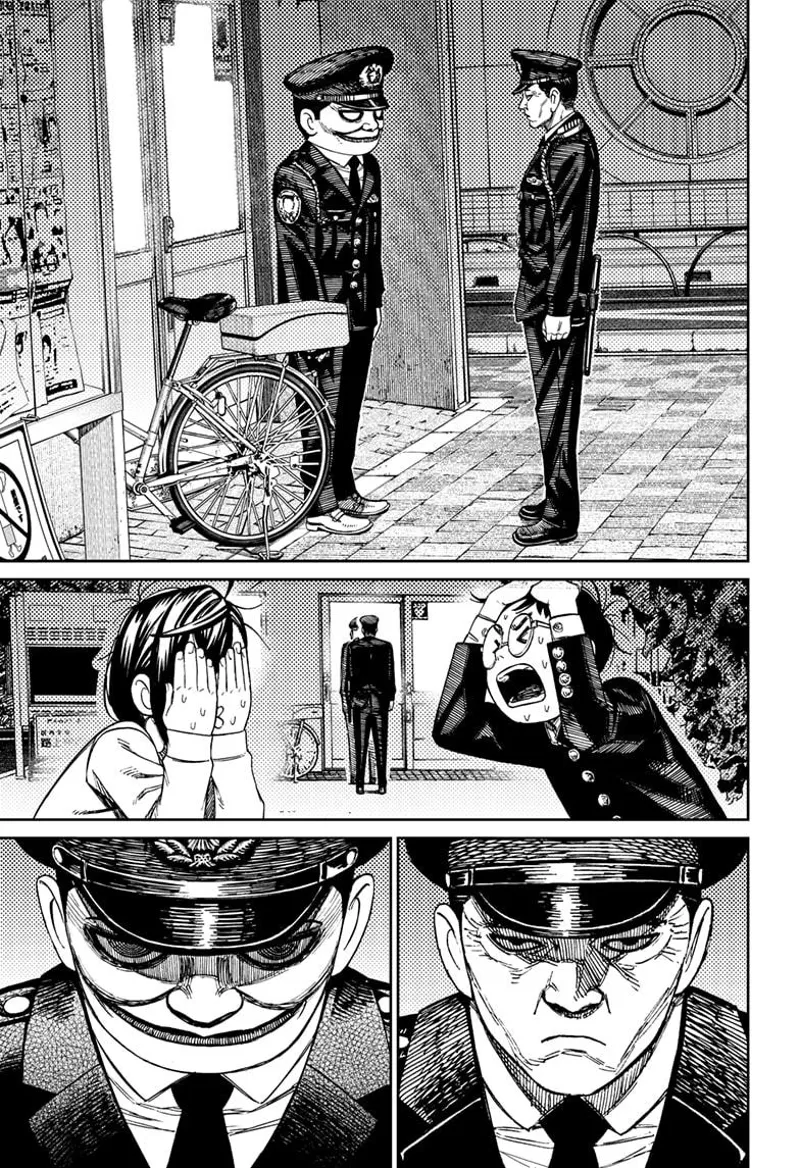 The police officer stands face to face with Rokuro, the Serpoian. They stare at each other.