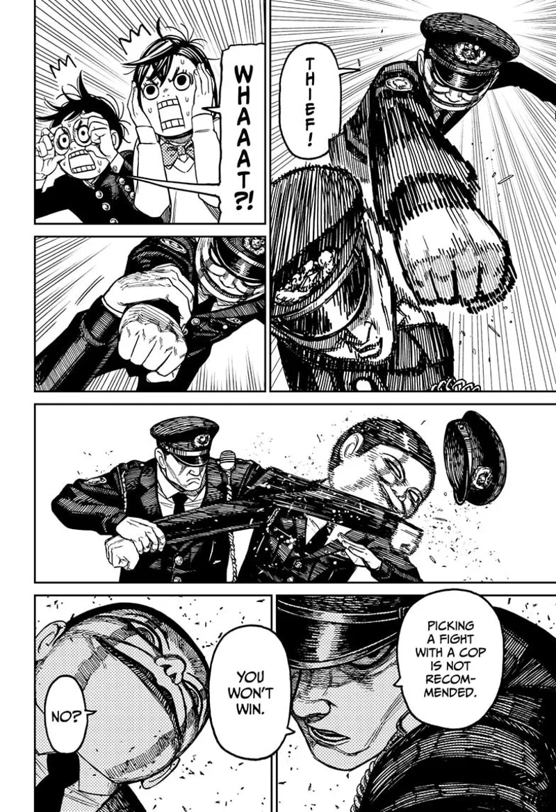 Rokuro punches the cop, and the cop punches him back. They are seriously staring at each other.