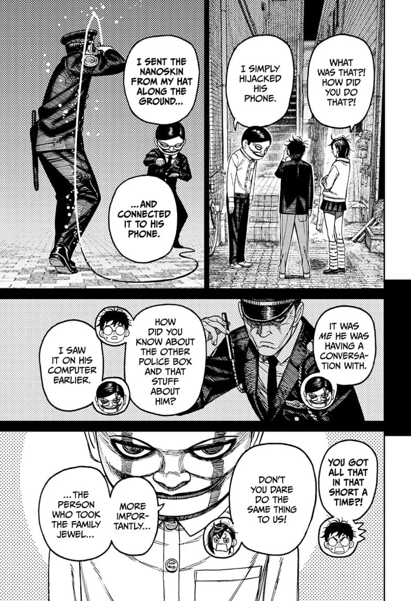 Okarun and Momo are in a hallway. Rokuro explains what he did with the cop.