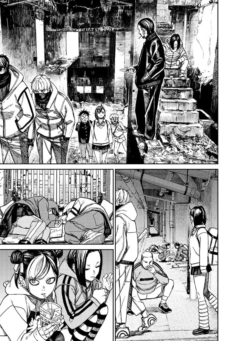 The thugs bring Momo, Okarun, and the old man to their hideout. They see more students eating and sleeping on the floor.