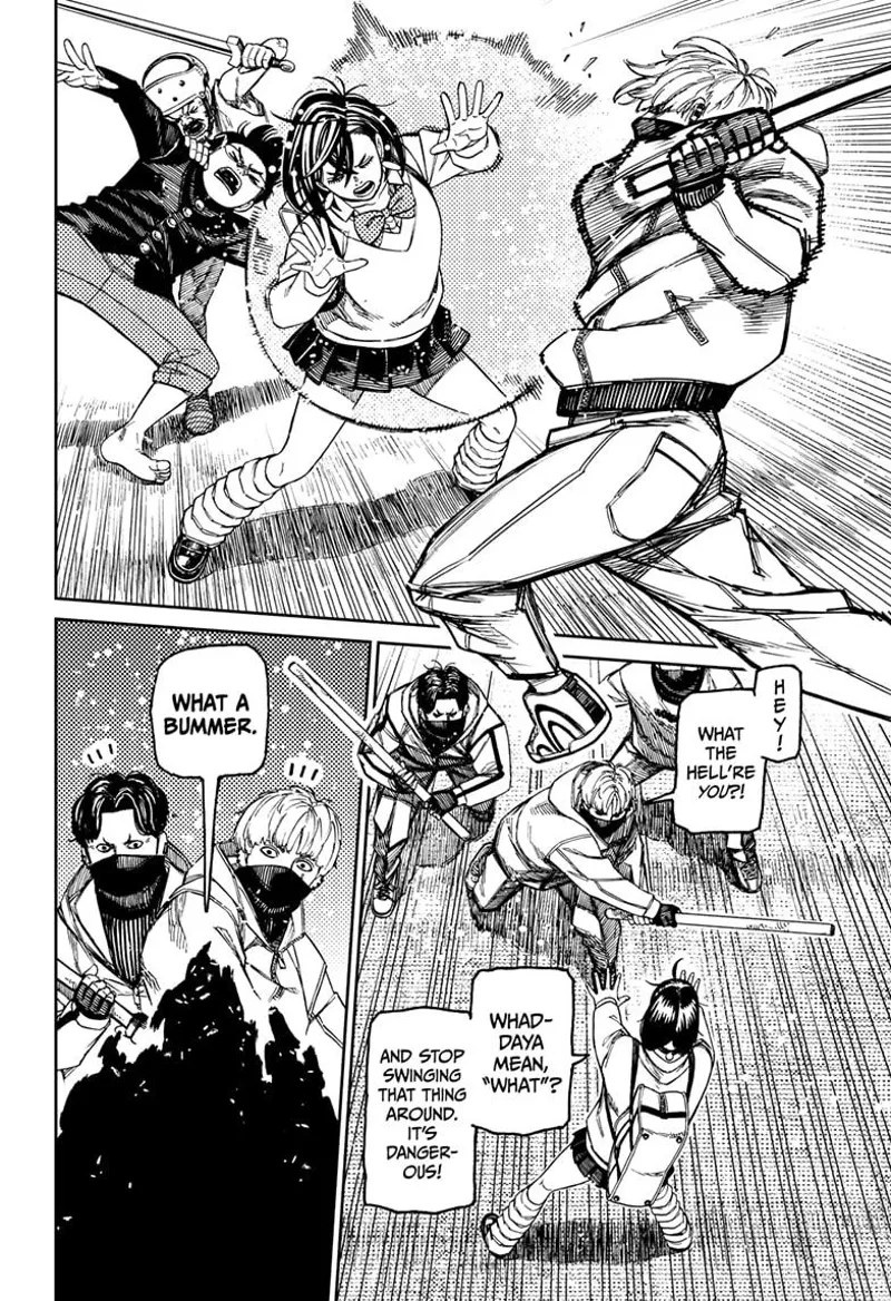 The thug beats Momo with a stick, but she blocks it with her power. Okarun transforms.