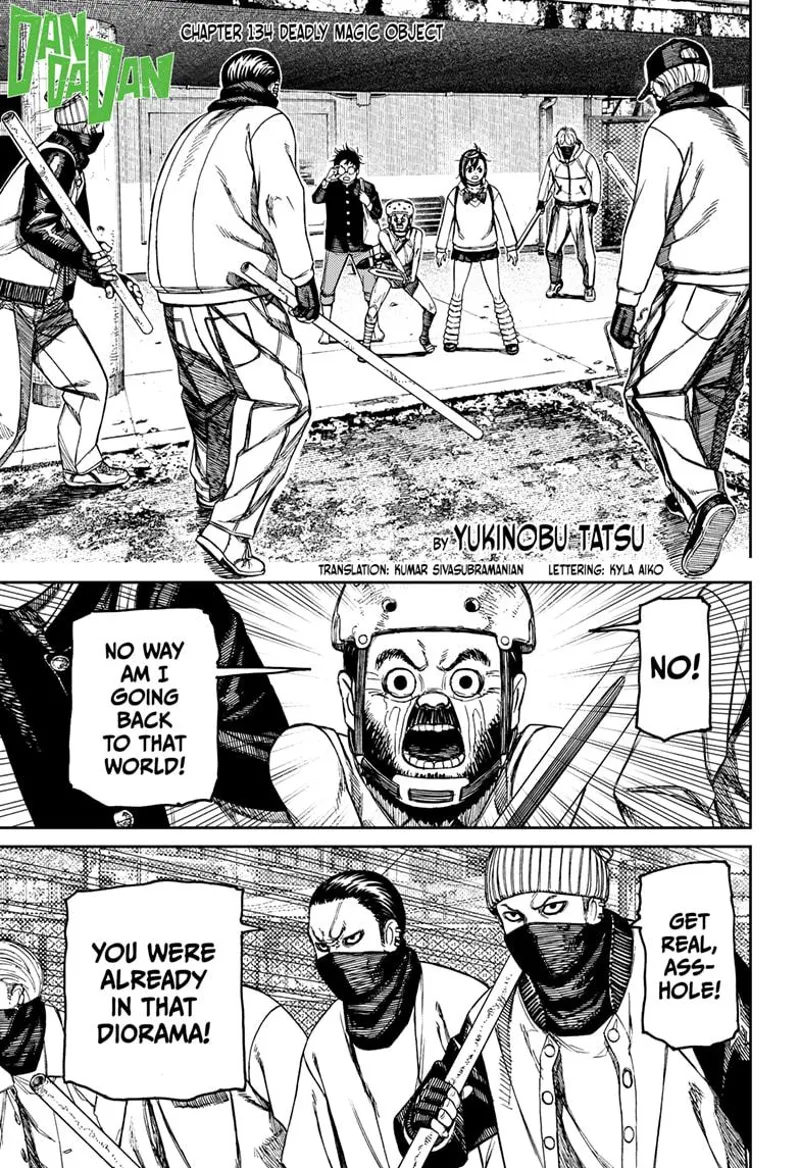 The old man doesn't want to go back inside the diorama, so the thugs surround him, Momo, and