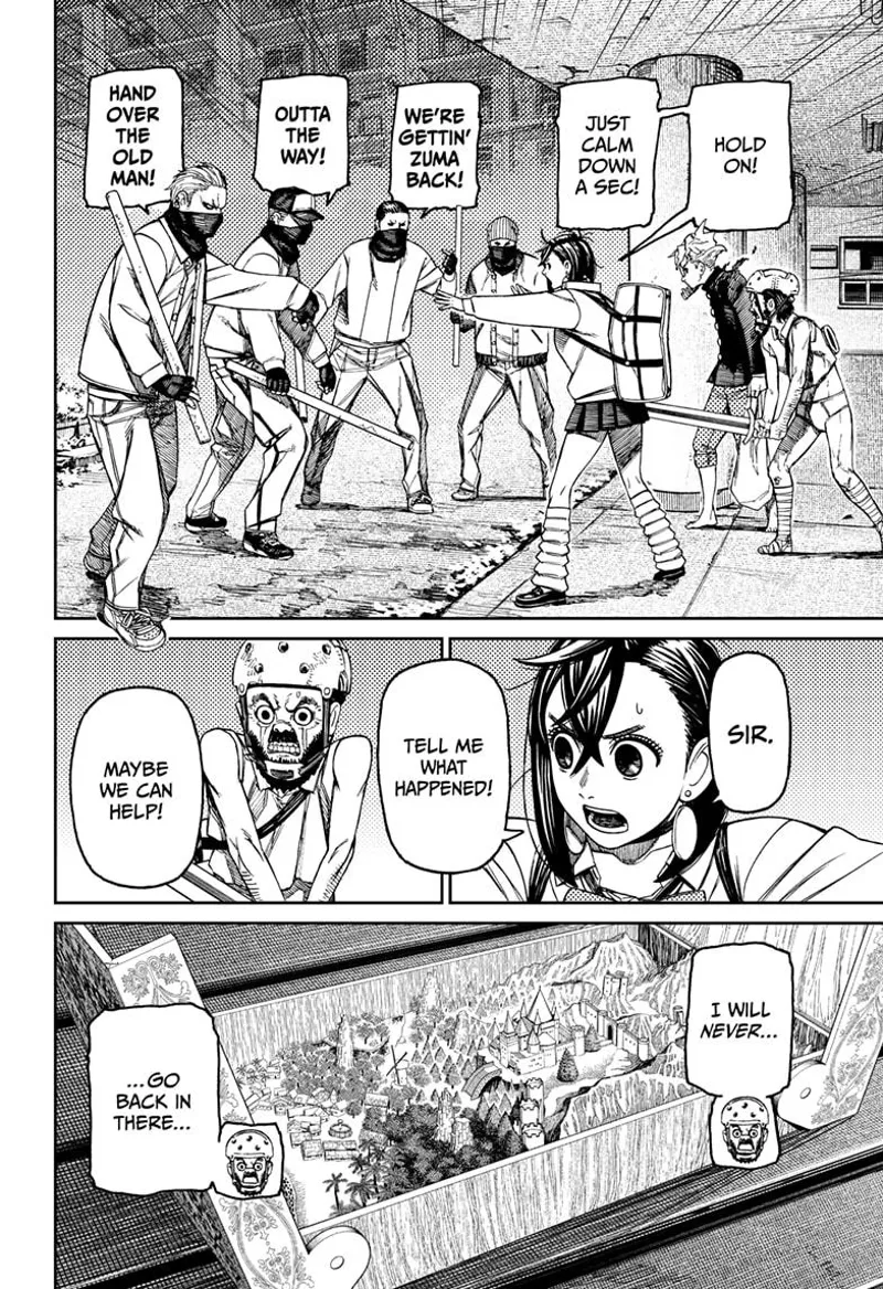 The thugs close in. Momo asks the old man what happened. The man says he won't go back in there.