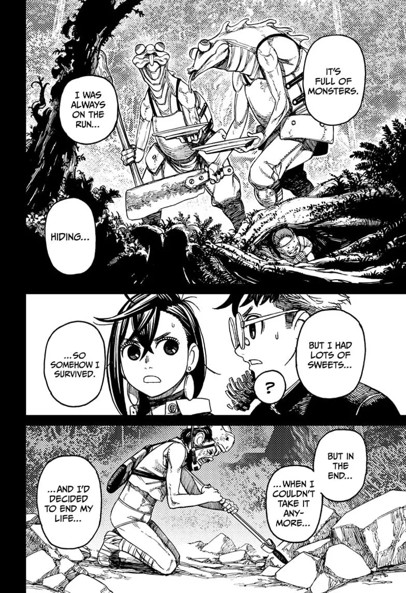 The man recalls that the diorama is full of monsters and that he is always hiding. Momo and Okarun look at one another.