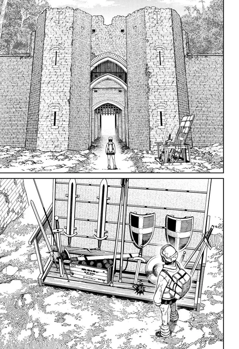 Momo stands before a castle gate. She looks at the weapons nearby.