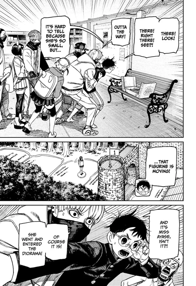 Momo tries to keep the thugs away from the diorama. He stares at it and sees Momo's figurine moving. The thugs see it, too.