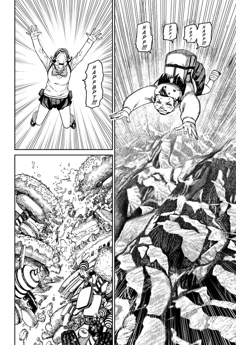 Momo spreads her arms and legs as she falls. Candies and desserts are below.