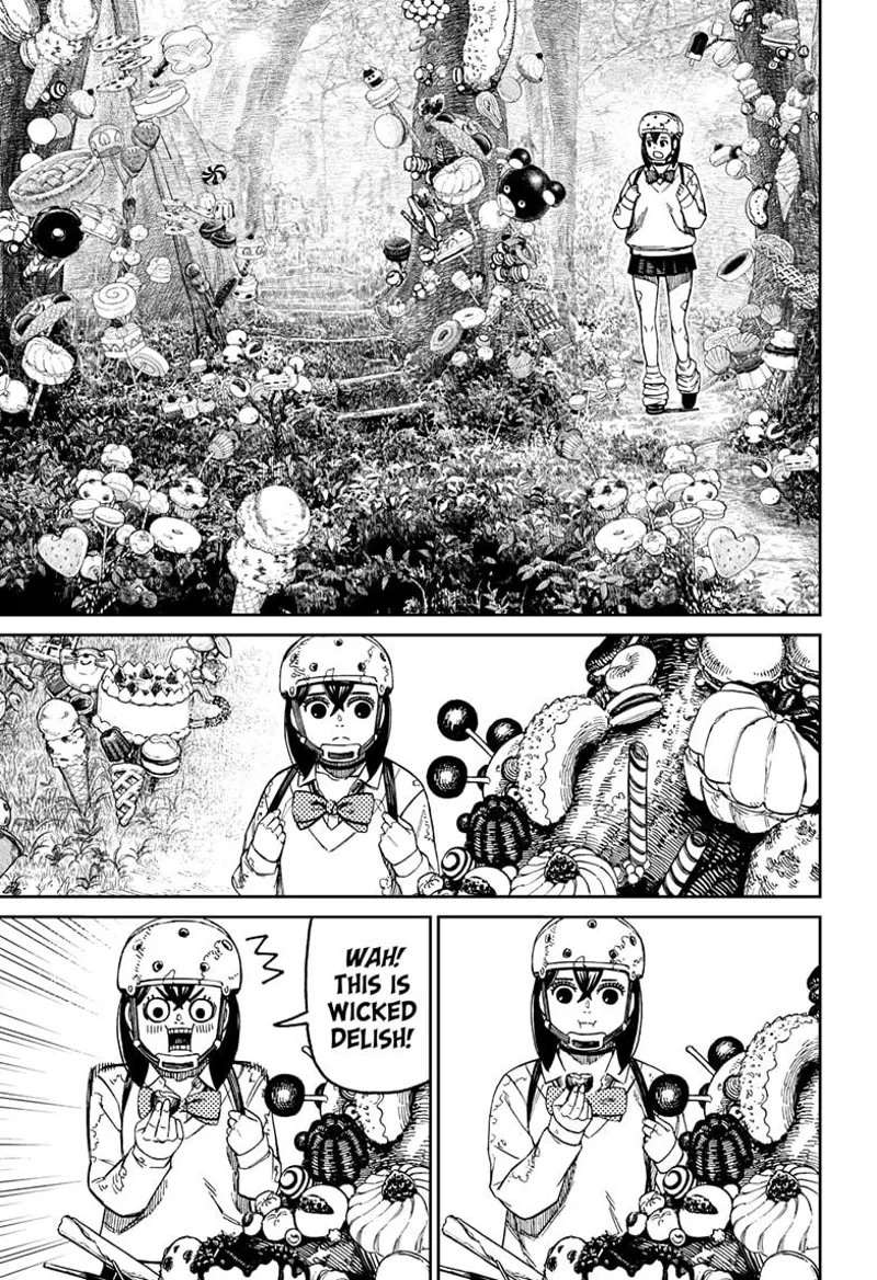 Momo walks along the forest, which has many sweets. She eats one and finds it very delicious.