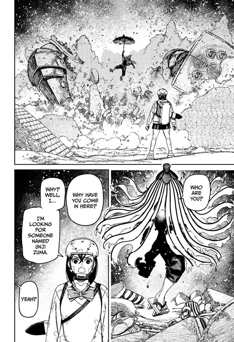 The guy parachutes using his umbrella. He asks Momo why she enters the diorama. Momo says she's looking for Unji Zuma.
