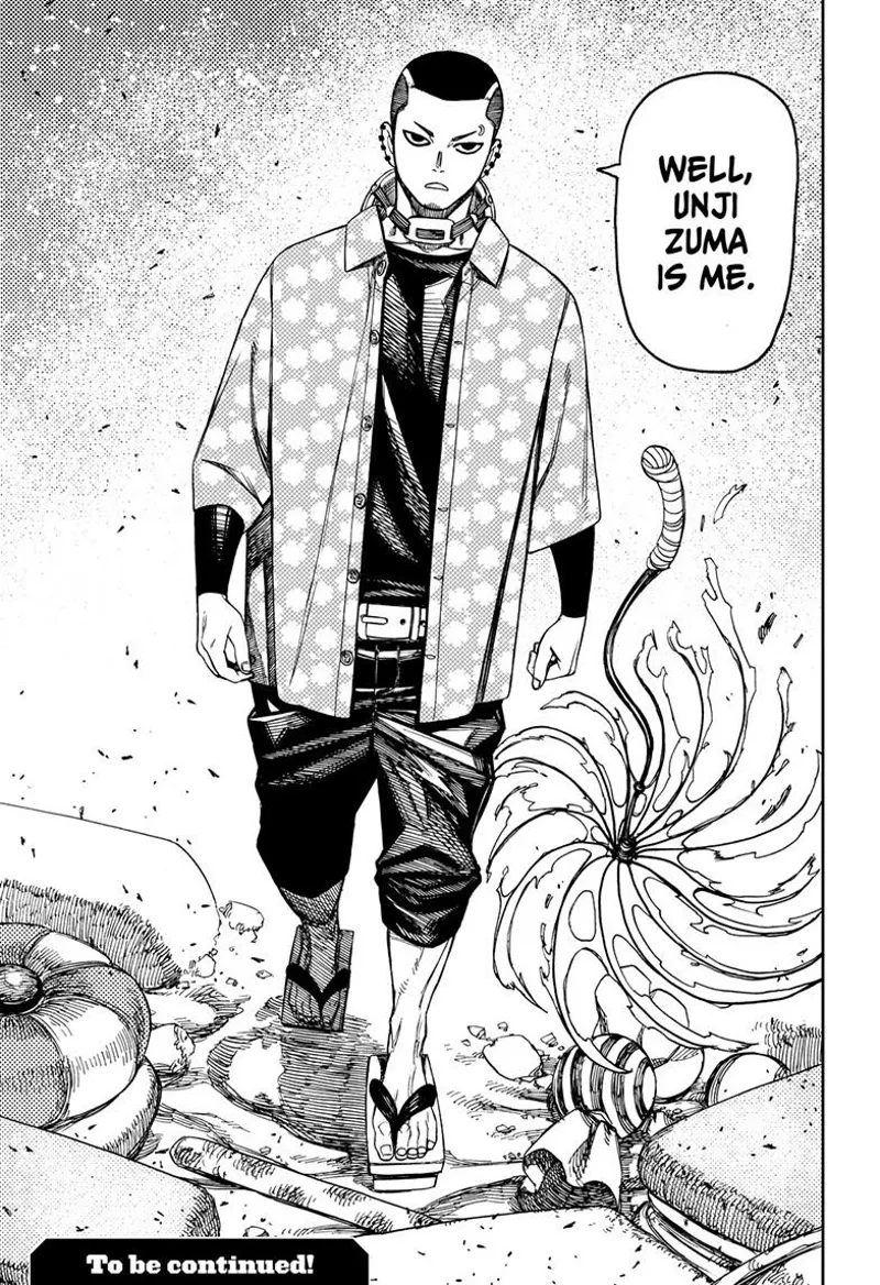 The guy transforms into a human form. He reveals his name is Unji Zuma. His umbrella starts disappearing.