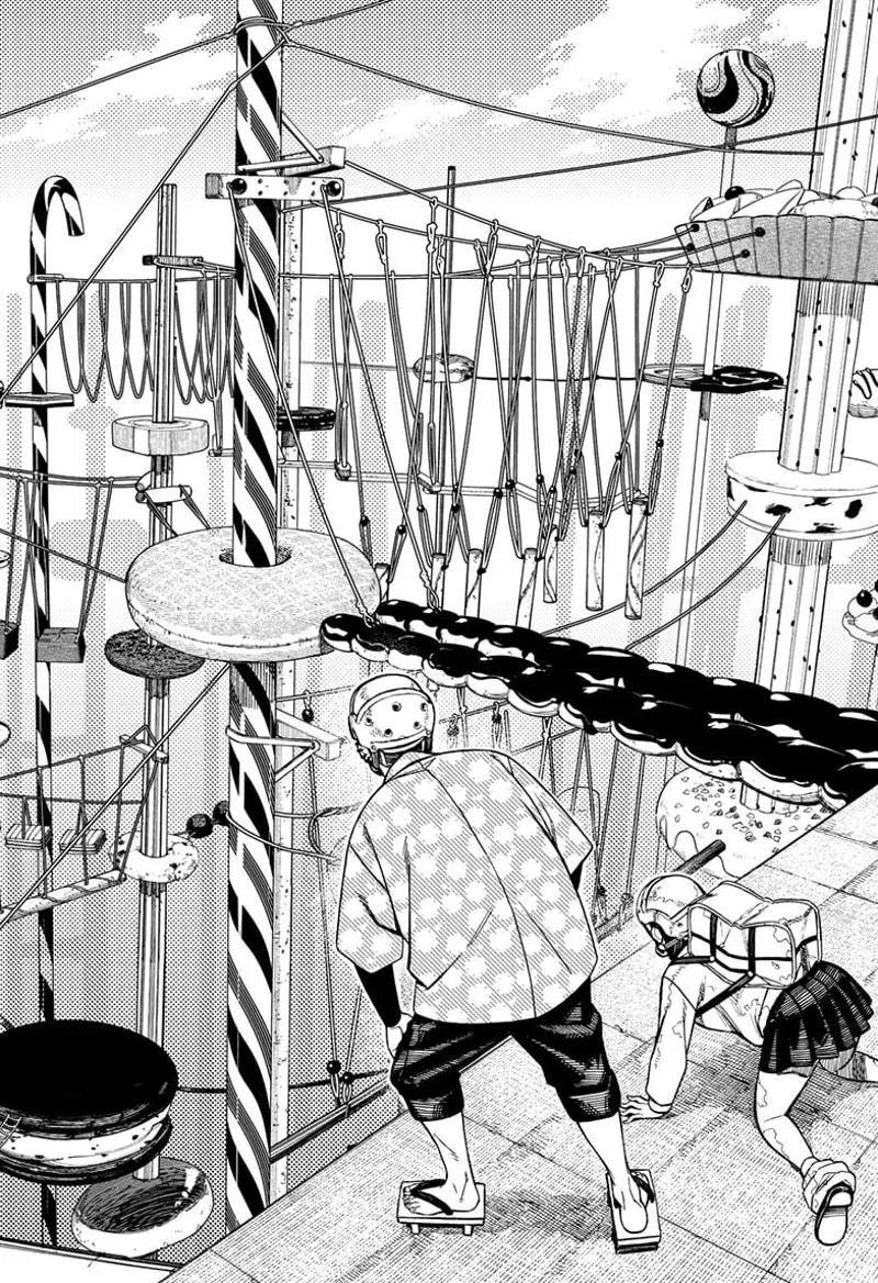 Momo and Zuma see an obstacle course with ropes, poles, and platforms.