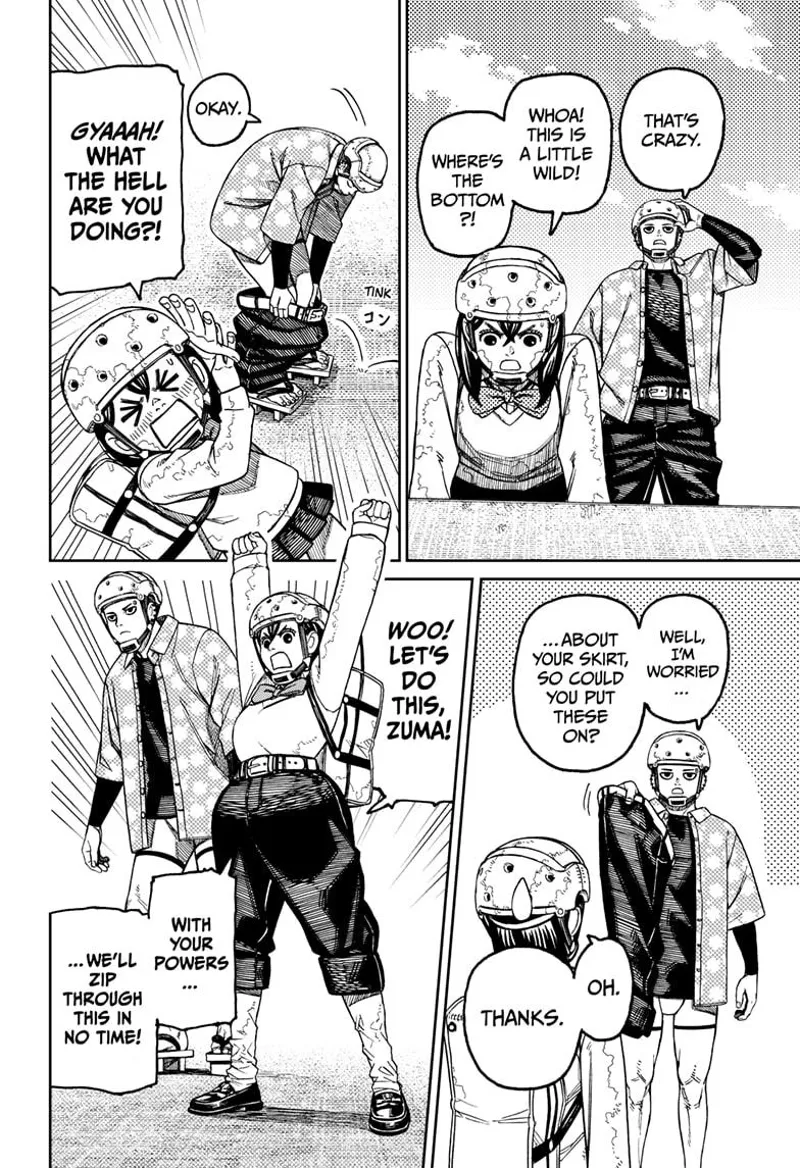 Zuma takes out his jeans and gives them to Momo, who is wearing a skirt. Momo raises her arm after she wears the jeans.