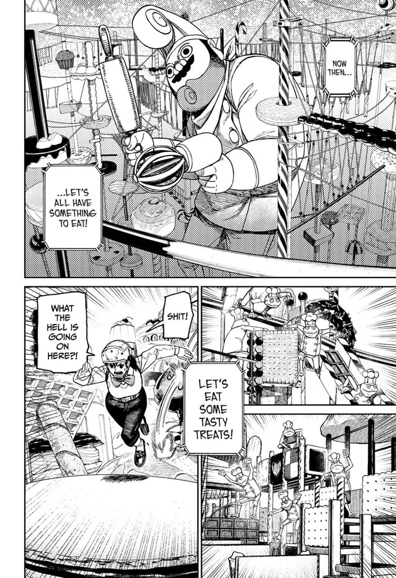The giant tells everyone they will eat something tasty. Momo runs while processing the event.
