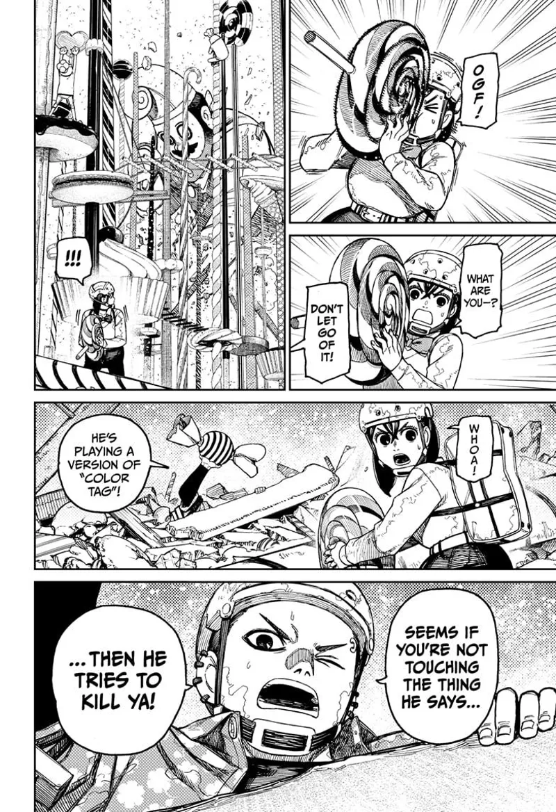Momo looks behind at the giant. Zuma throws candy at Momo and tells her the giant is playing a game of color tag.