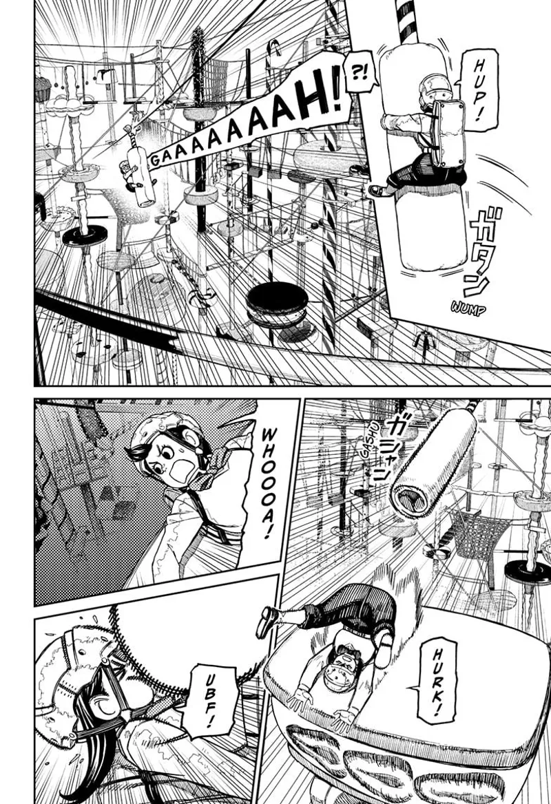 Momo jumps and grabs on a vertical hotdog that starts swinging. She jumped to the next platform and almost fell.