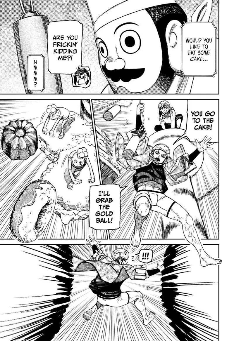 The giant chef says cake. Zuma jumps toward the ball while telling Momo to go to the cake.