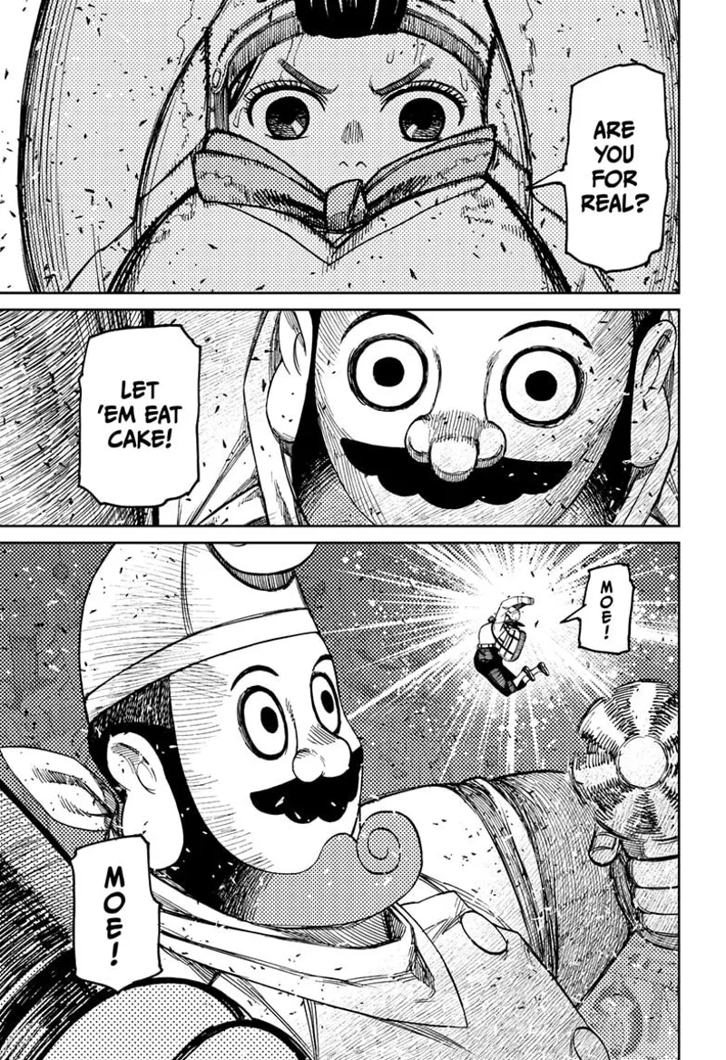 Momo stares at the giant's eye as she jumps towards his face. Momo's attack starts shining.