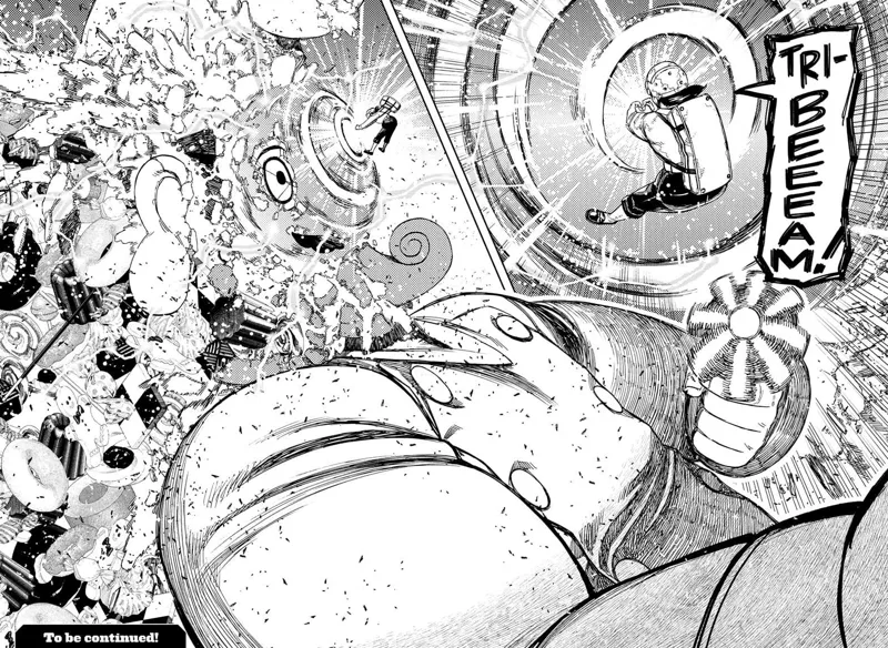Momo attacks the giant chef's face and destroys him with a powerful "Moe Moe Tri-Beam."