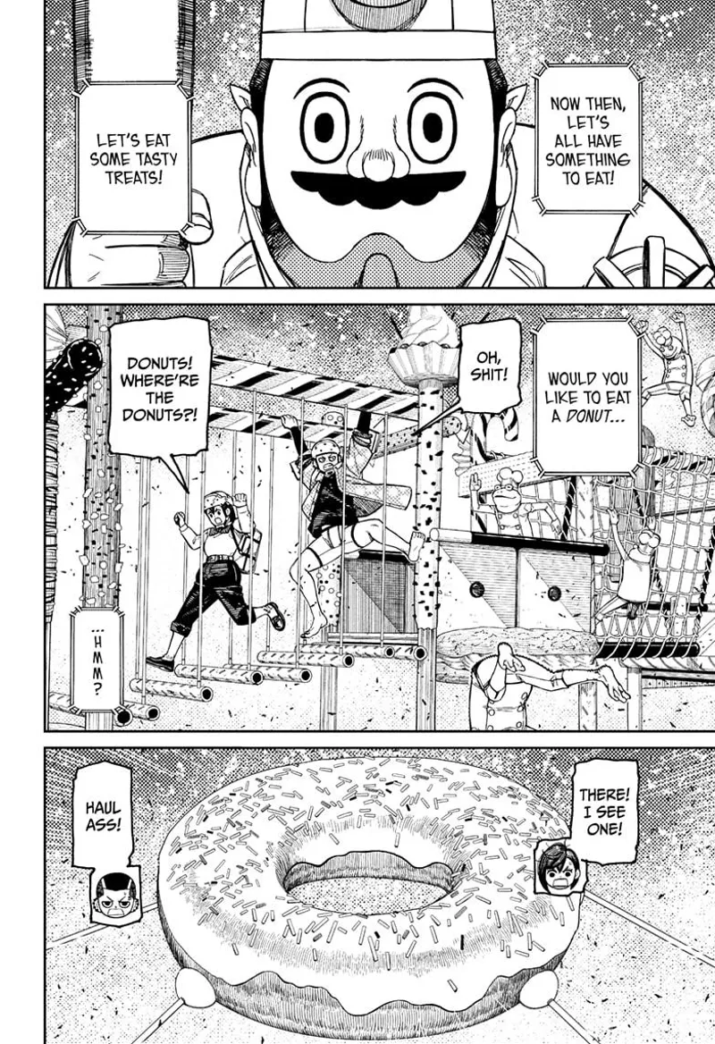 The giant asks for a donut. Momo and Zuma run to the donut.