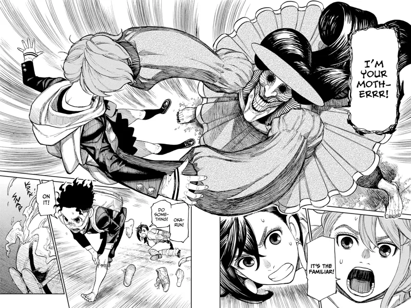The eerie woman grabs Air and reveals she is her mother. Okarun runs and starts transforming.