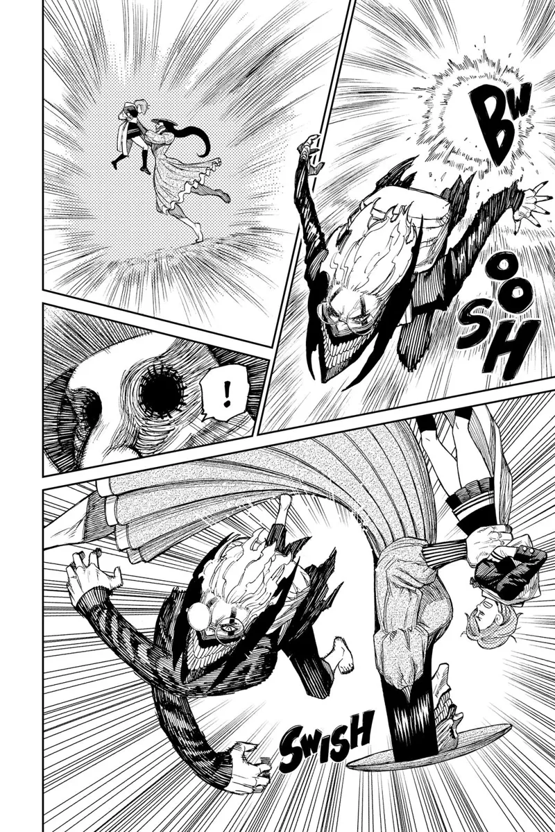 Okarun speeds up and dashes to the eerie woman. He missed grabbing the eerie woman after she bent her body.