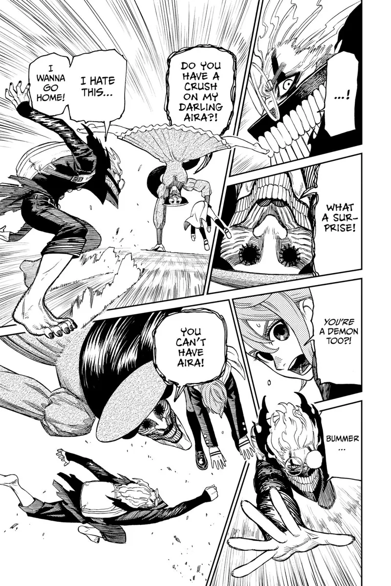 Okarun looks back and sees the eerie woman standing using one arm. Okarun tries to grab her again, but she dodges.