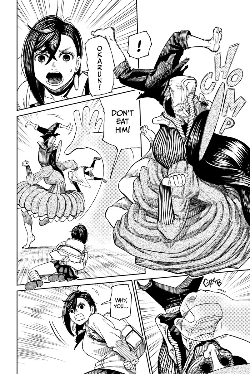 The eerie woman starts swallowing Okarun. Momo uses her psychic hands to grab Okarun.