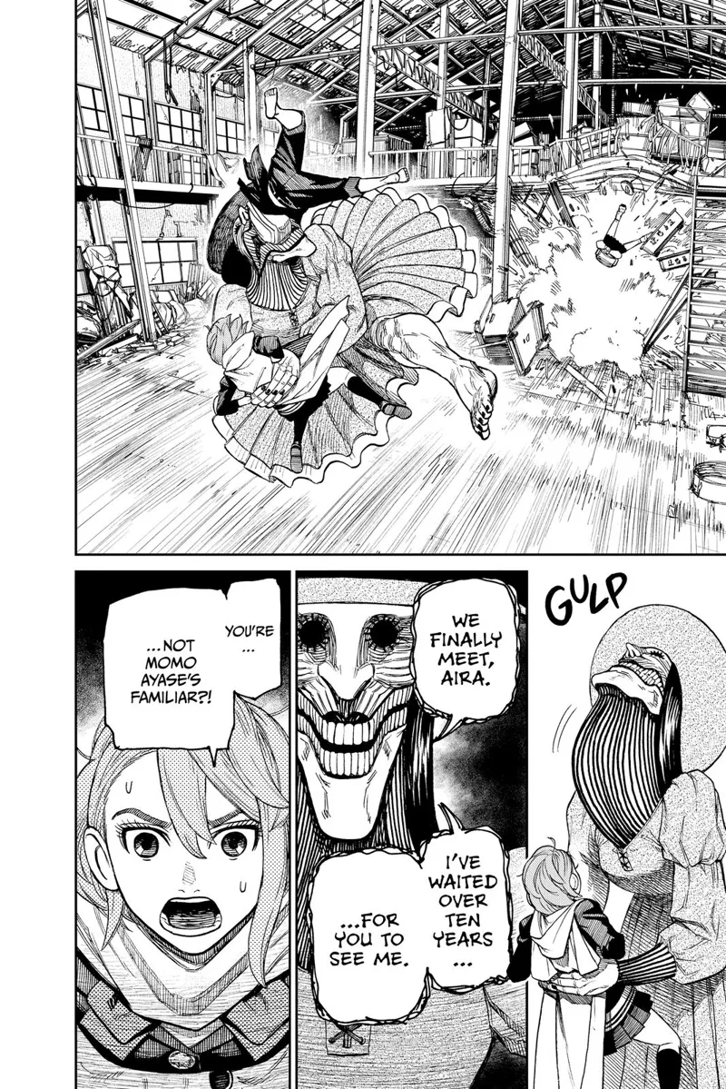 Momo crashes into the wall. The eerie woman swallows Okarun whole and talks to Aira. Aira asks if she's Momo's familiar.