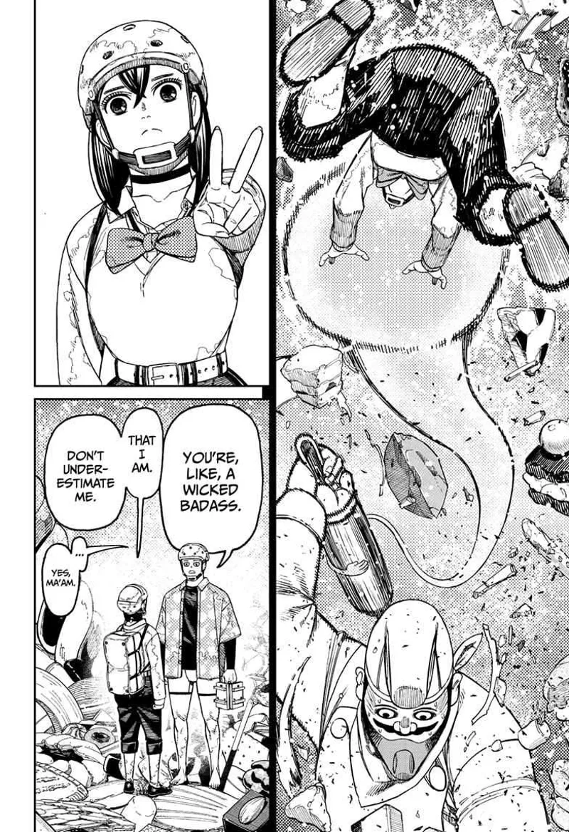 Momo grabs the kitchen roll while the giant prepares to swing it. She defeats the chef. Zuma acknowledges Momo's powers.