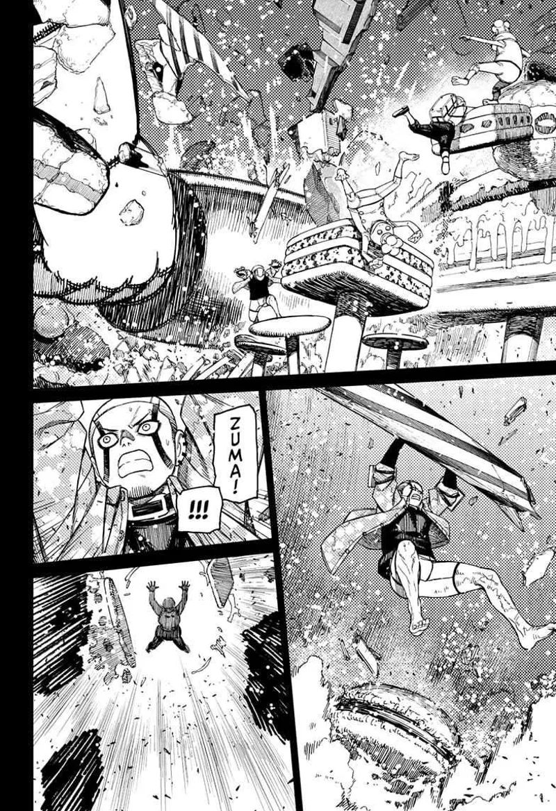 Cursed Zuma and Momo dodge as the giant strikes them with his huge kitchen roll. Zuma grabs a broken candy cane.