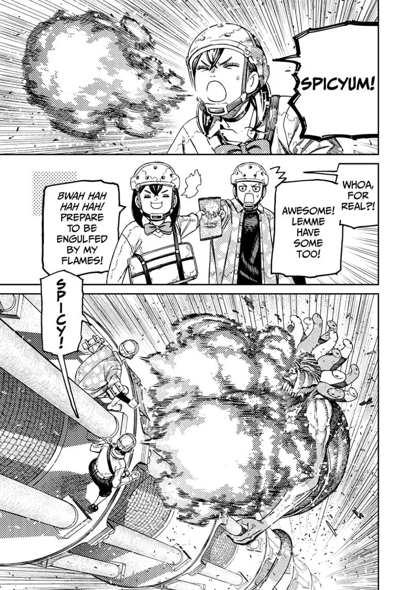 Momo starts breathing fire. She gives one to Zuma, who both breathe fire into the stone snake monster.