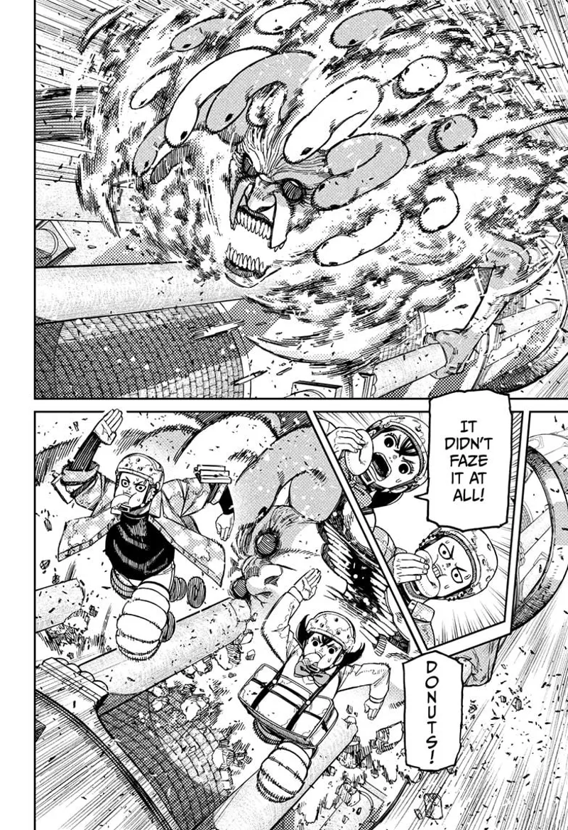 The snake monster burns but keeps chasing them. Momo and Zuma eat donuts and start jumping upwards.