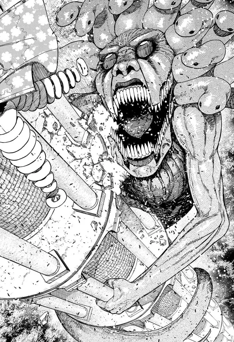 A giant ugly monster with snake hair and sharp teeth is eating a huge tower.