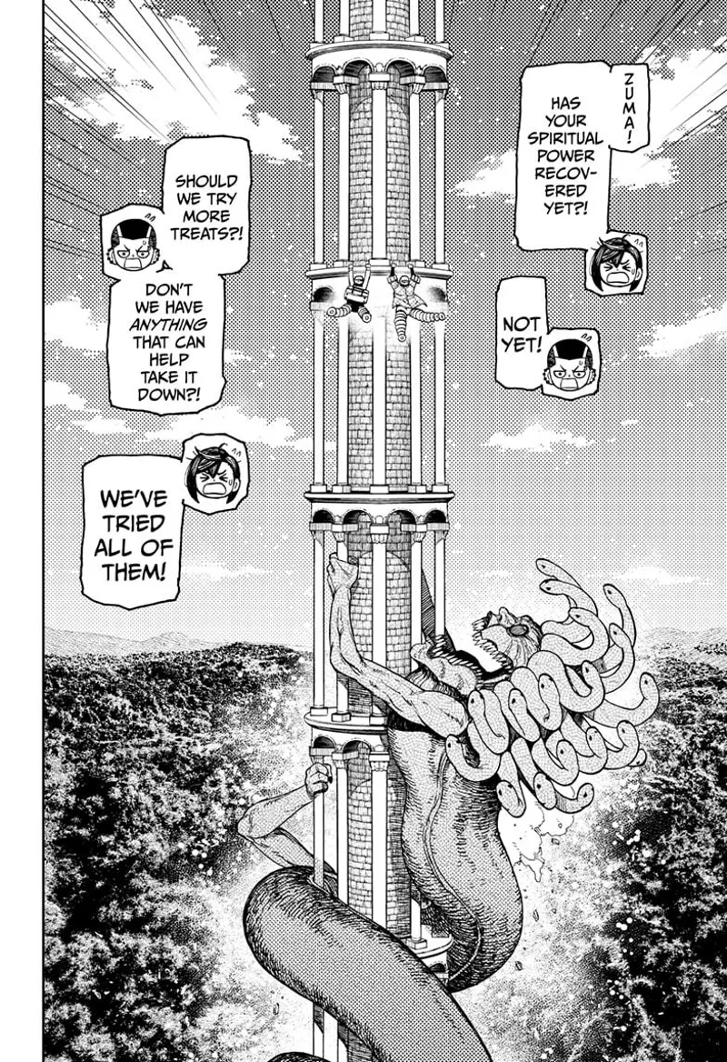 Momo and Zuma keep climbing as the snake with hands, sharp teeth, and snake hair chases them.