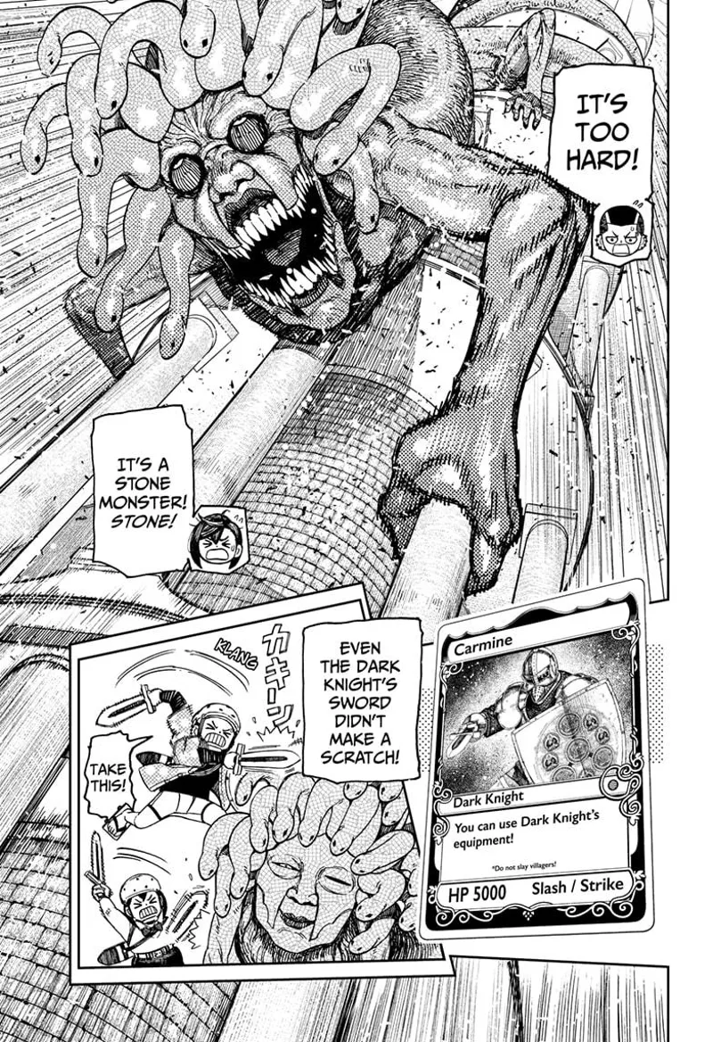 Zuma reveals that the monster is made up of stone after their sword doesn't make a scratch. The monster keeps chasing them.