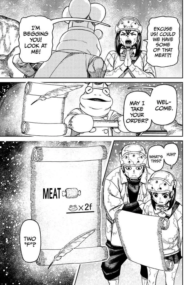 Momo asks the frog chef if he can have some of the meat. The chef asks for their order. A scroll appears before them.