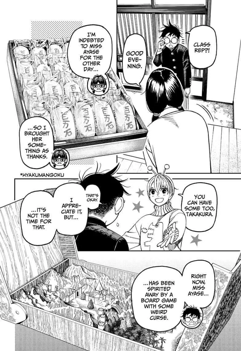 Okarun sees Rin, who offers him some food. Okarun reveals Momo is spirited away in a diorama board game.