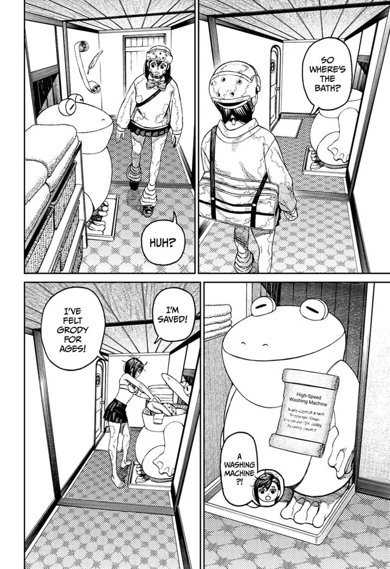 Momo explores the room and finds a washing machine. She washes her clothes in the laundry.
