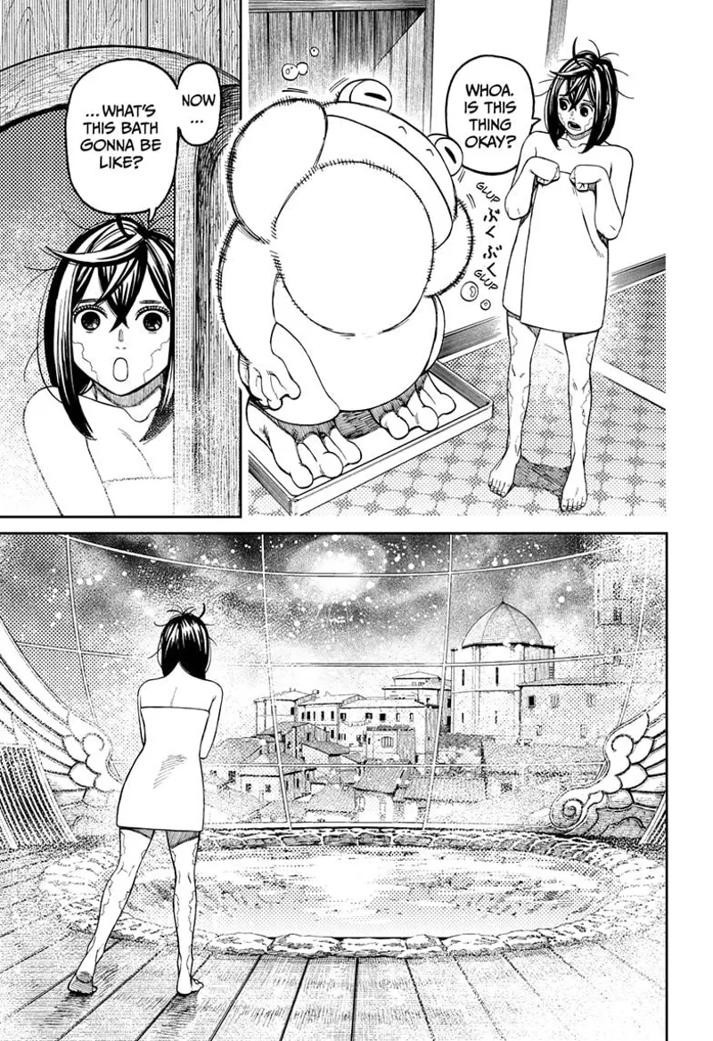 Momo is surprised at the washing machine. She puts on a towel and heads to the bath, which overlooks the town.