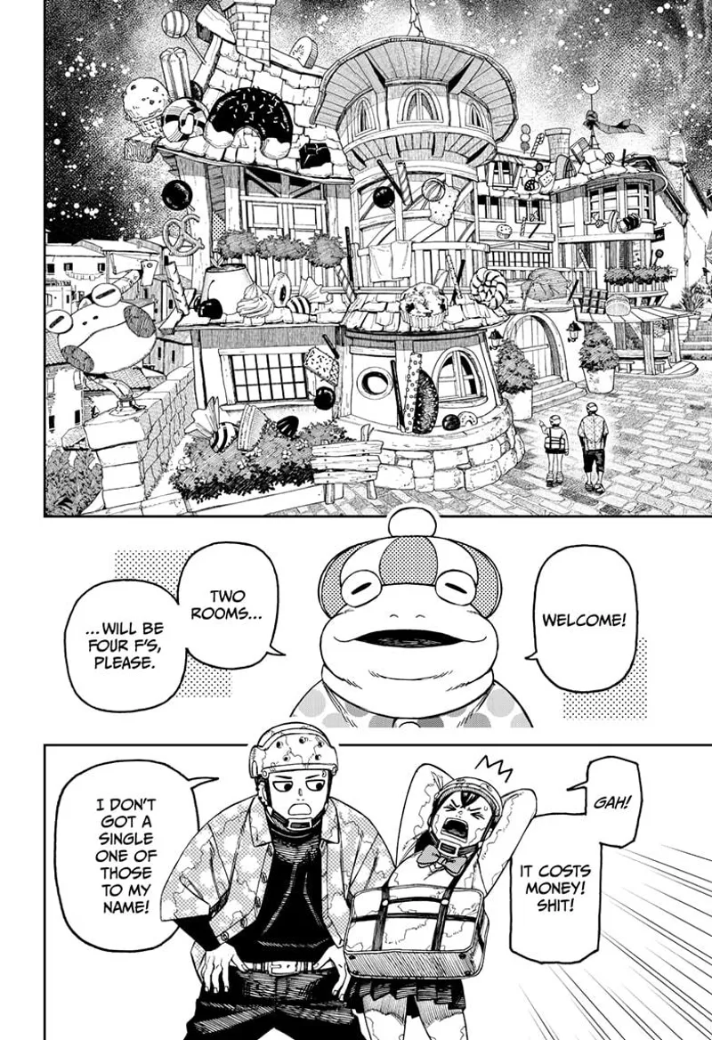 Momo and Zuma enter a candy inn. They go inside, and the concierge tells them it costs four F's. They have no money.