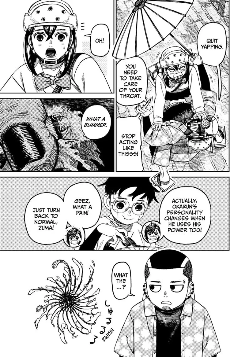 Momo yanks at cursed Zuma. She recalls Okarun changing his personality when he transformed. Zuma turns back to normal.