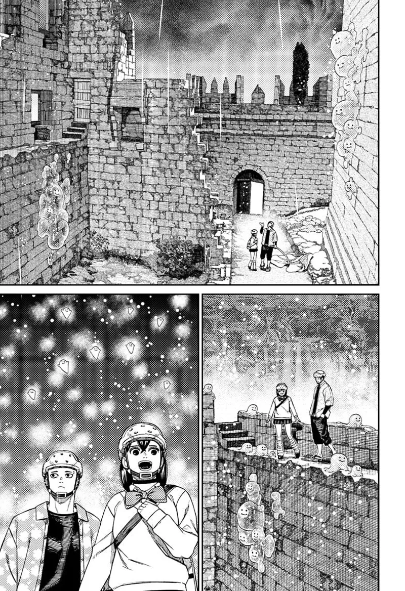 Momo and Zuma arrive at the ruins of a castle, and the rain stops. They see cute, tiny floating creatures.